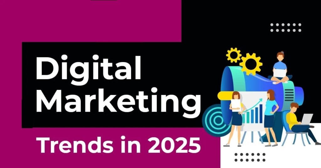 Top Digital Marketing Trends in 2025 1 Illustration showing people analyzing data and trends, highlighting top digital marketing trends in 2025 with a megaphone and charts