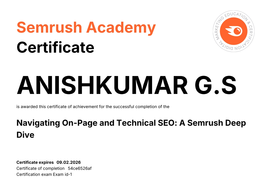 Home 11 Digital Marketing Strategist in Kollam Semrush Academy Certificate in On-page and Technical SEO
