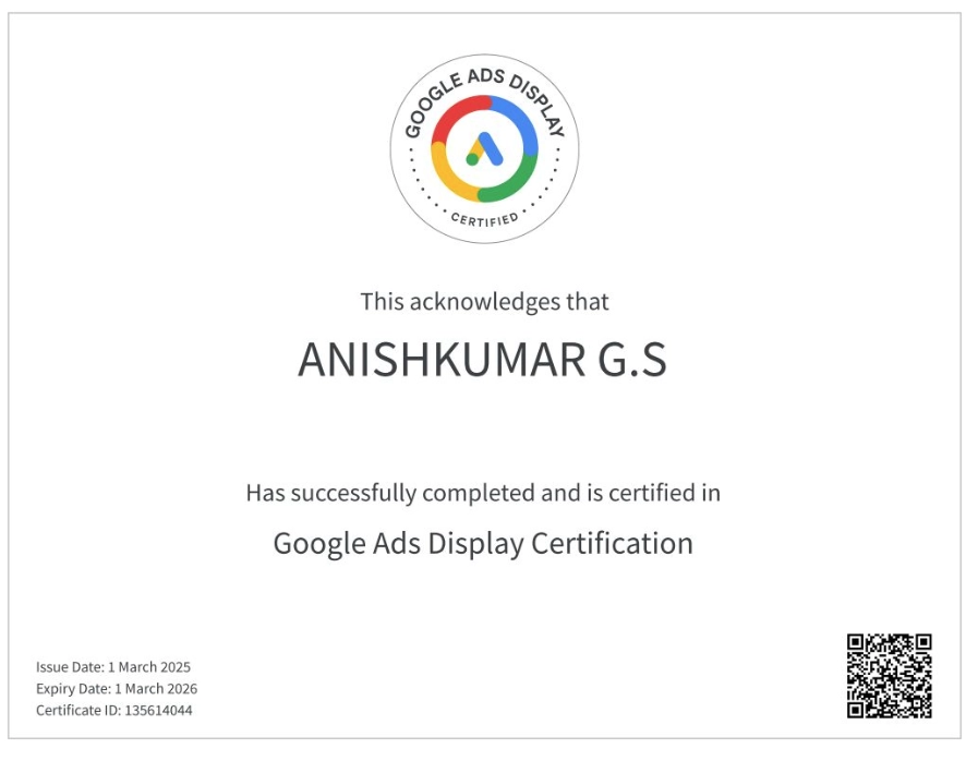 Home 9 Google Ads Display Certification of Anishkumar G.S., a Digital Marketing Strategist in Kollam, demonstrating expertise in display ad campaigns.