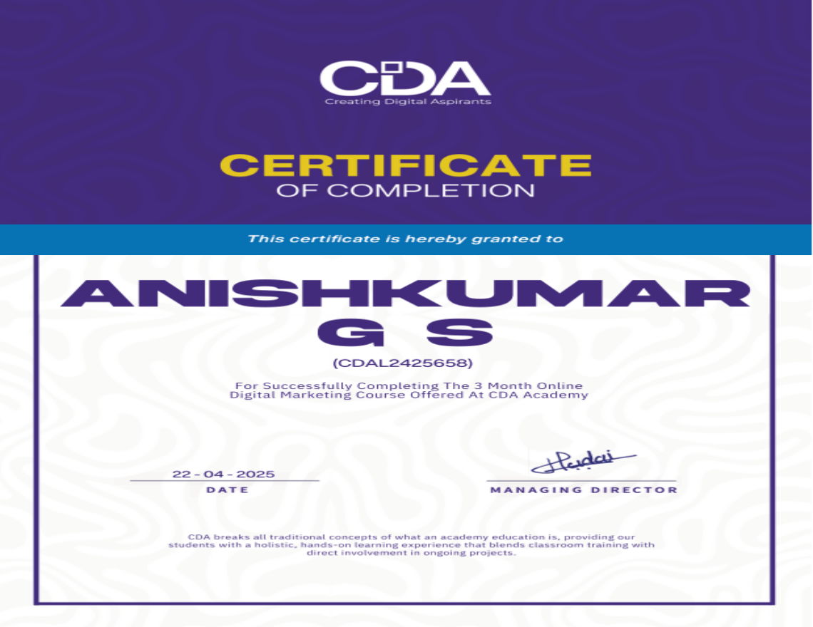 Home 7 Digital Marketing Strategist in Kollam is a CDA Certified Person